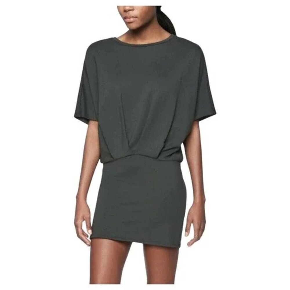 ATHLETA Gray Pronto Pleated Stretch Dolman Sleeve Round Neck Dress~Size XS